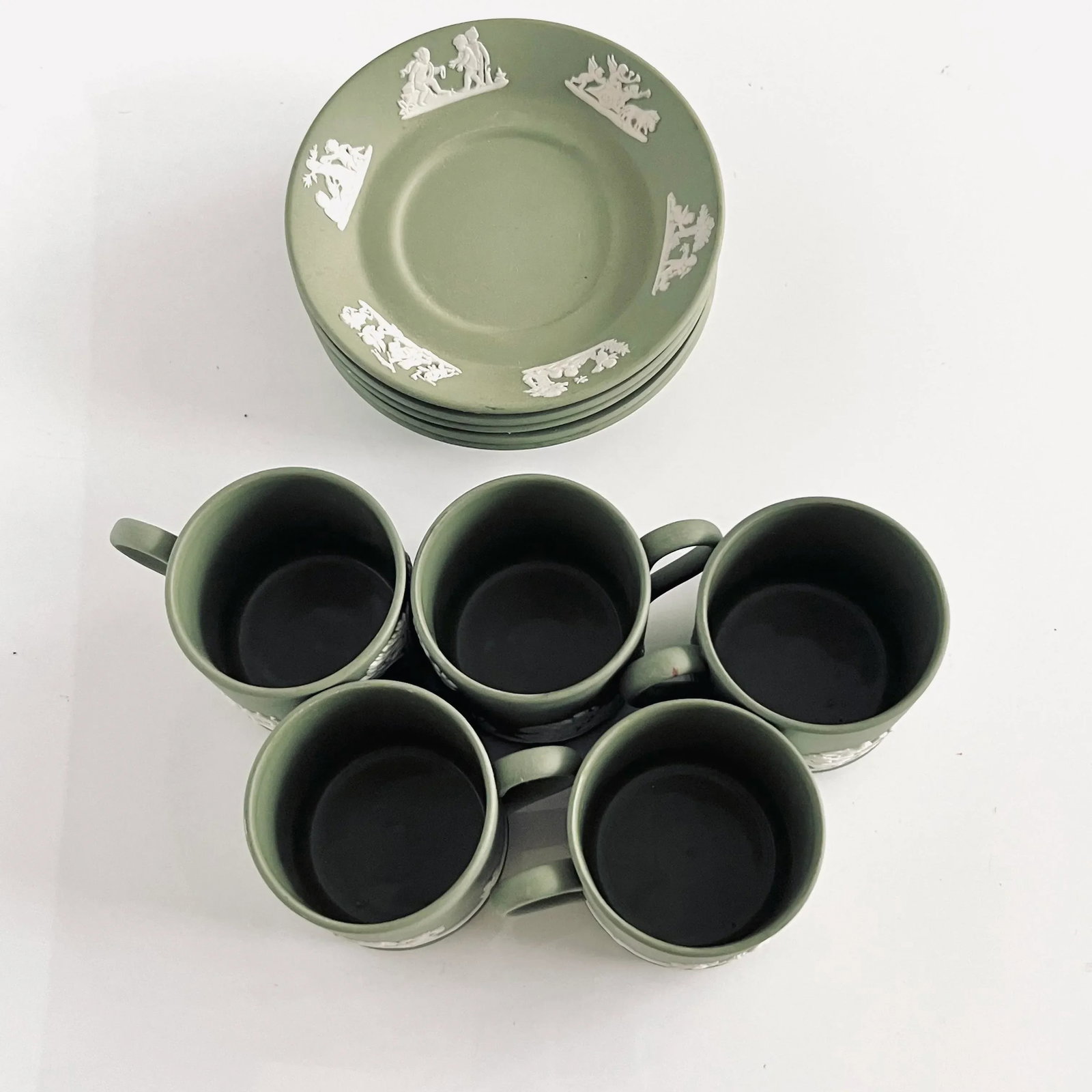 Vintage Wedgwood Sage Green Jasperware Demitasse Espresso Coffee Cups and Saucers for 5 Servings, Se - 8