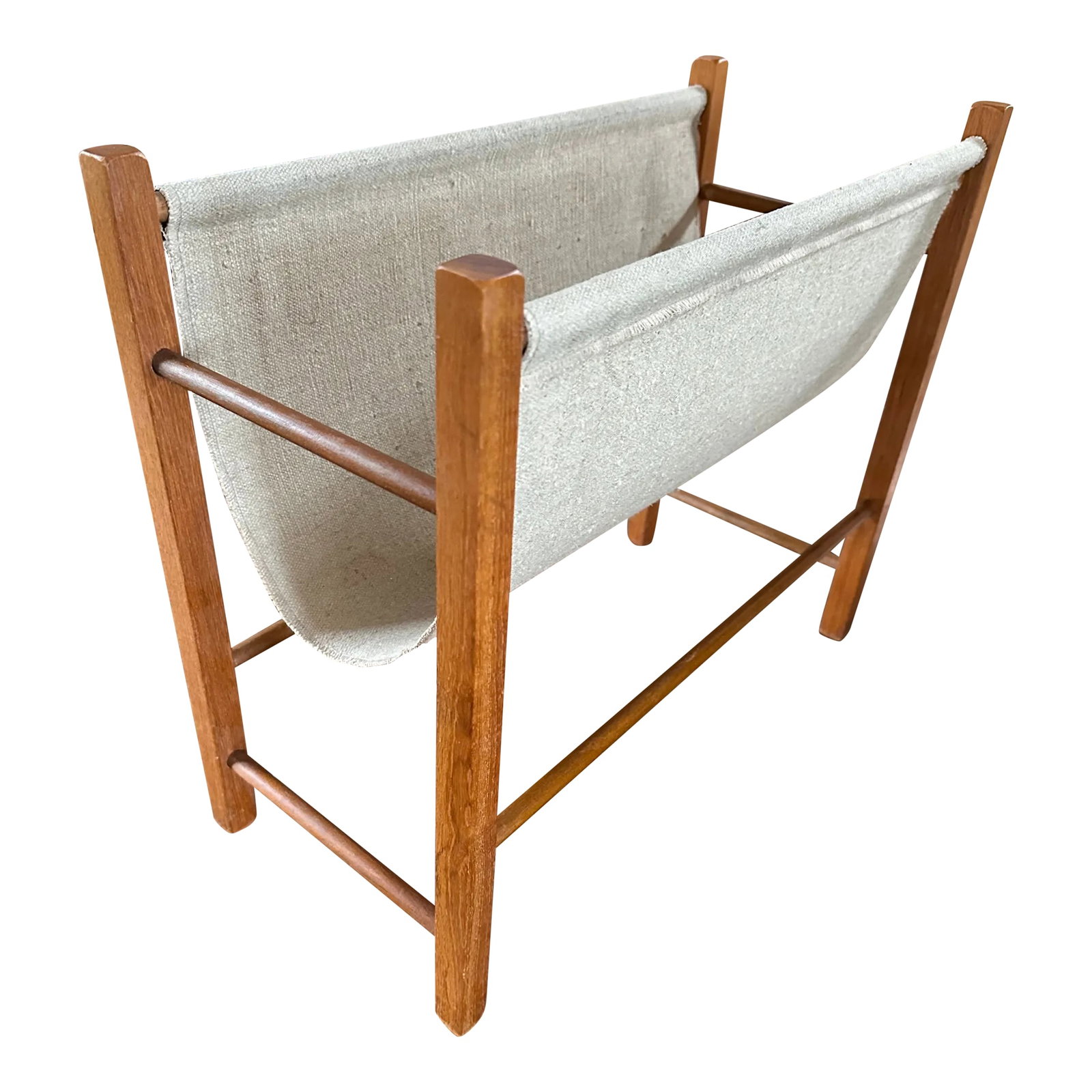 Mid 20th Century Scandinavian Danish Mid Century Teak and Burlap Magazine Rack: Smart looking teak and burlap rack. In overall good condition with some visible glue repair. Could clean up (glue) but hardly noticeable.* Condition: Alterations: Original Design Modified