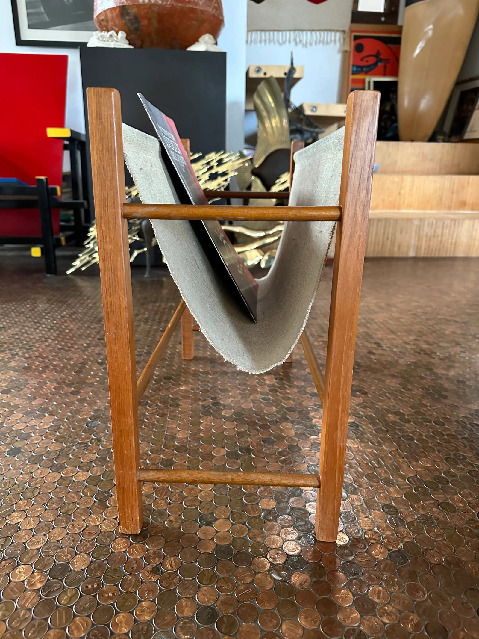 Mid 20th Century Scandinavian Danish Mid Century Teak and Burlap Magazine Rack - 4
