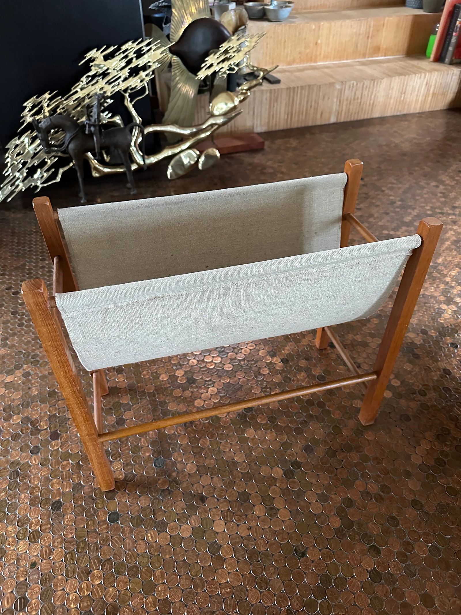 Mid 20th Century Scandinavian Danish Mid Century Teak and Burlap Magazine Rack - 6