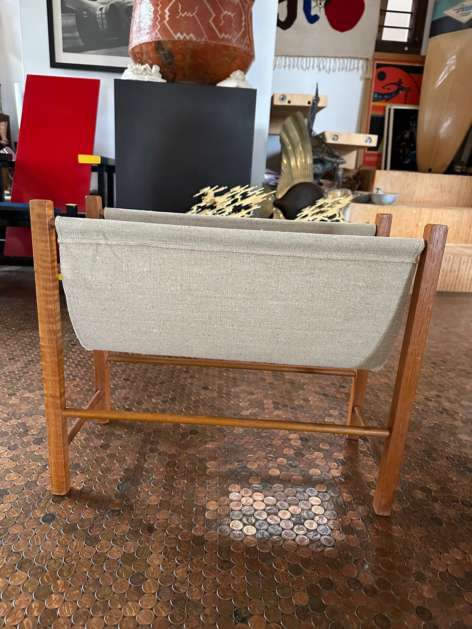 Mid 20th Century Scandinavian Danish Mid Century Teak and Burlap Magazine Rack - 7