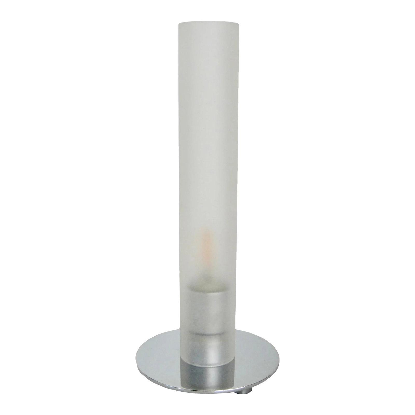 Ligne Roset Tube Table Lamp With Glass Shade: Small table lamp with tubular frosted glass shade on round chrome base by Ligne Roset. Switch is on the cord. Condition: Alterations: Original Condition Unaltered Imperfections: Some Imperfections