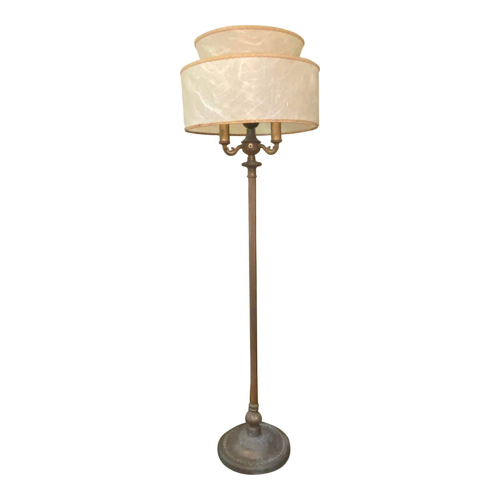 Vintage Floor Lamp With 2-Tiered Fiberglass Shade: This vintage floor lamp is reminiscent of the fabulous 1950s. The two tiered fiberglass lampshade shade is trimmed in gold and silver braid and rests atop a milk glass "bowl." The brass stand has