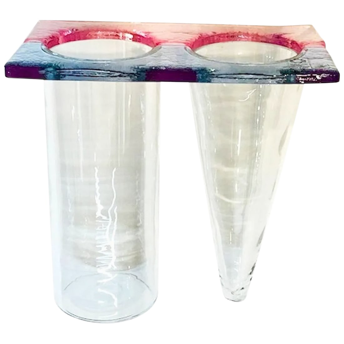 Leucos, 1980s Menphis Stile Double Glass Vase: A Leucos, 1980s, light blue, pink and clear glass column and cone double vase in the Menphis style. Condition: Alterations: Original Condition Unaltered Imperfections: Some Imperfections Condition