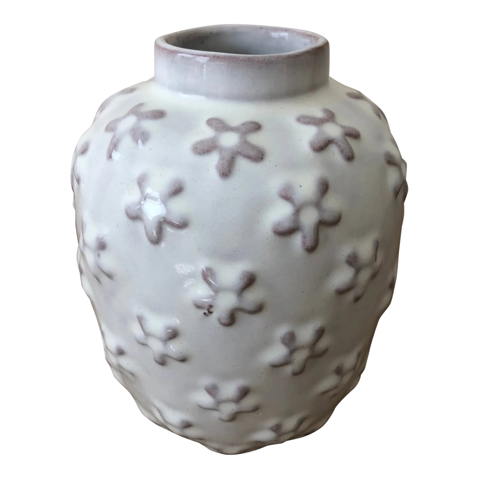 1940s Swedish Midcentury White Ceramic Vase: Swedish midcentury white glazed ceramic vase by Uppsala-Ekeby. Stamped EKEBY on bottom. Bought in Sweden. Gorgeous small vase with wonderful textured floral motif. Condition: Alterations: Original Con