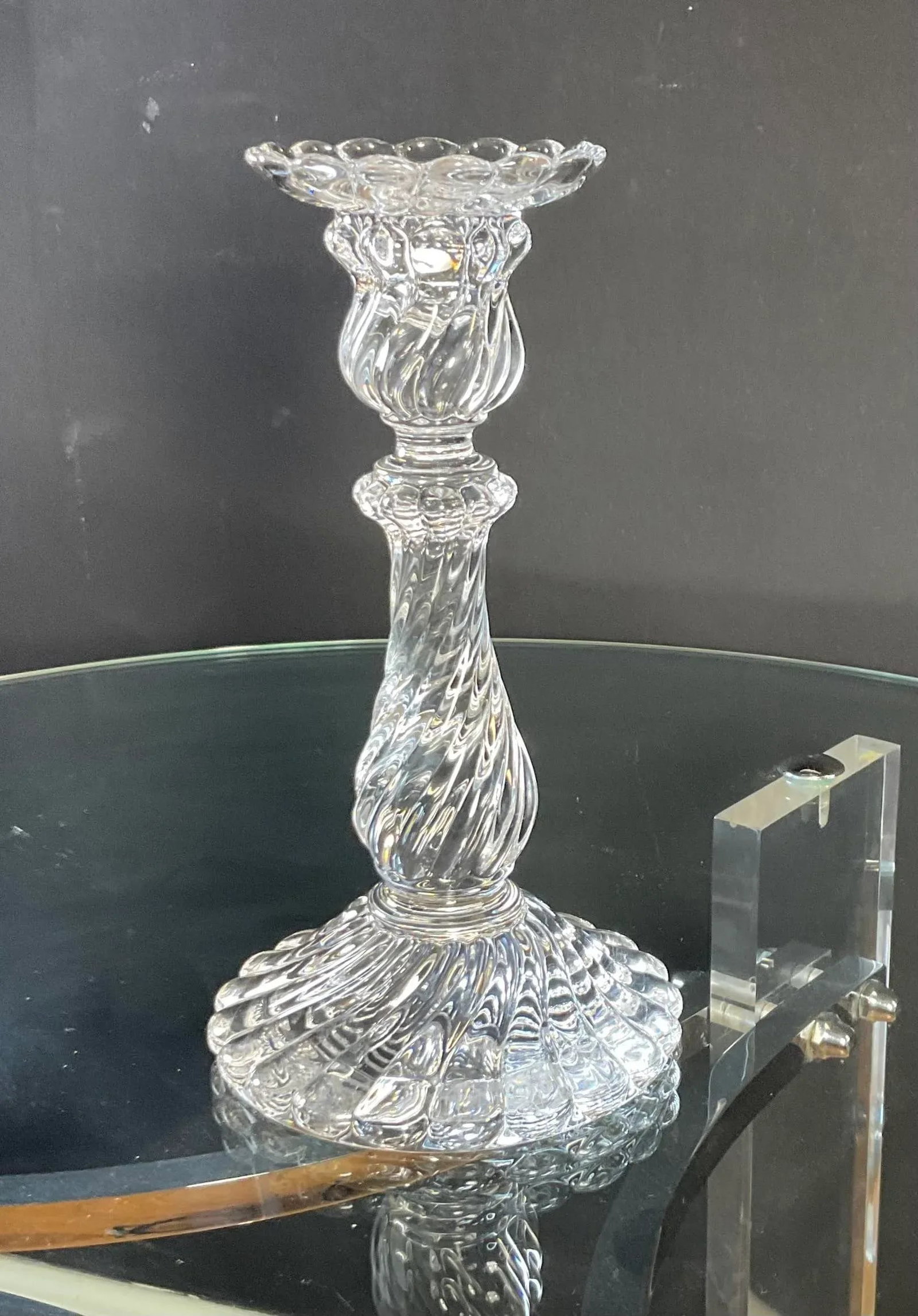 Vintage 1960s Baccarat French Heavy Crystal Bambous Swirl Candlestick - Authentic Signed Twice - 8