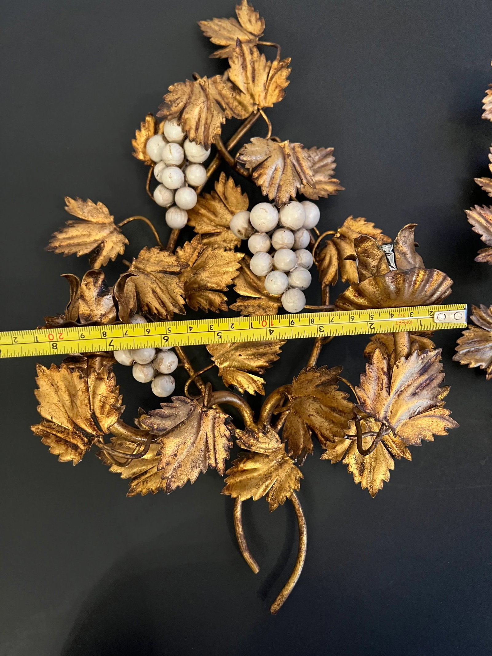 Vintage Pair Italian Gold Gilt Finish Cream Grapes Leaves Wall Candle Holders - 10