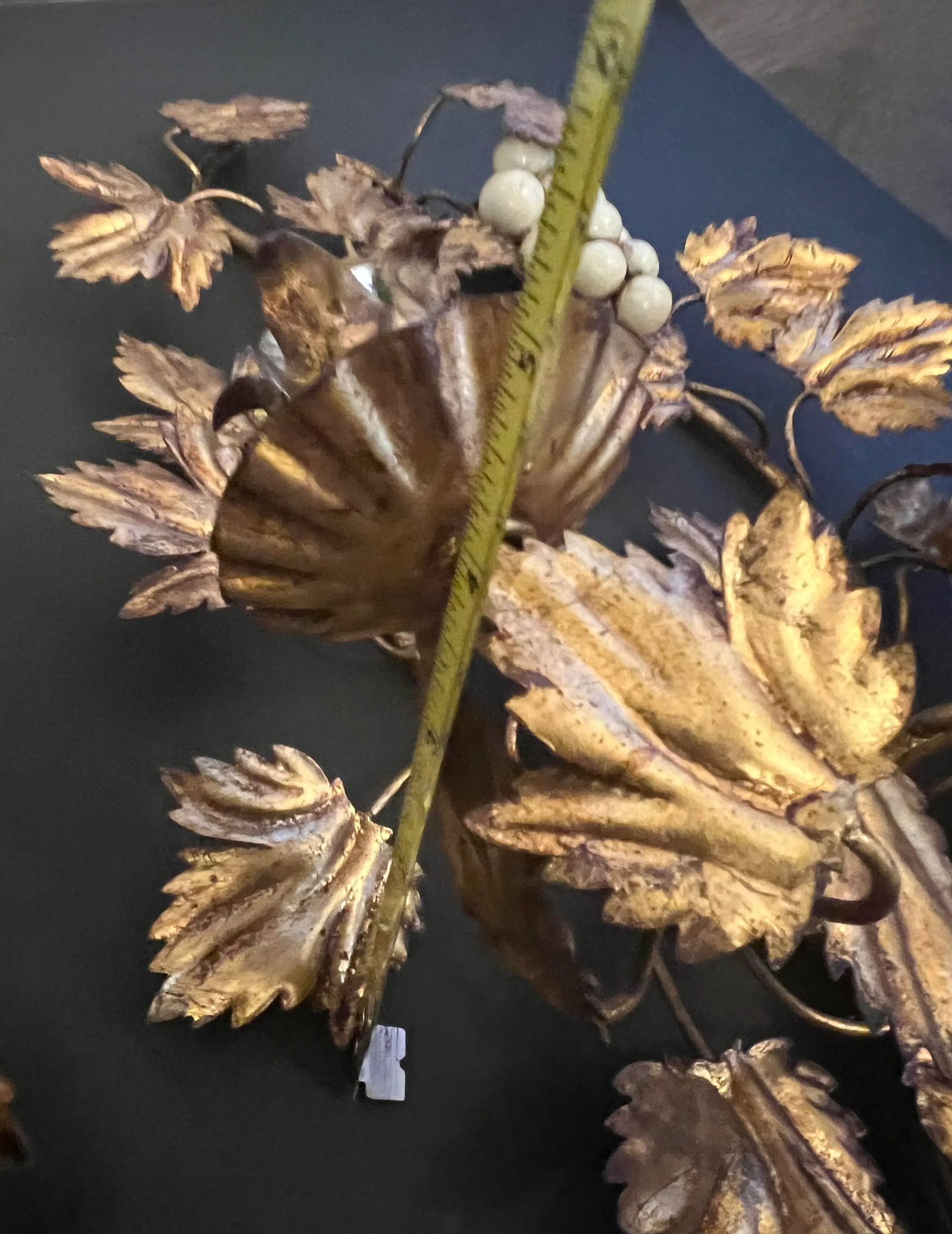 Vintage Pair Italian Gold Gilt Finish Cream Grapes Leaves Wall Candle Holders - 11