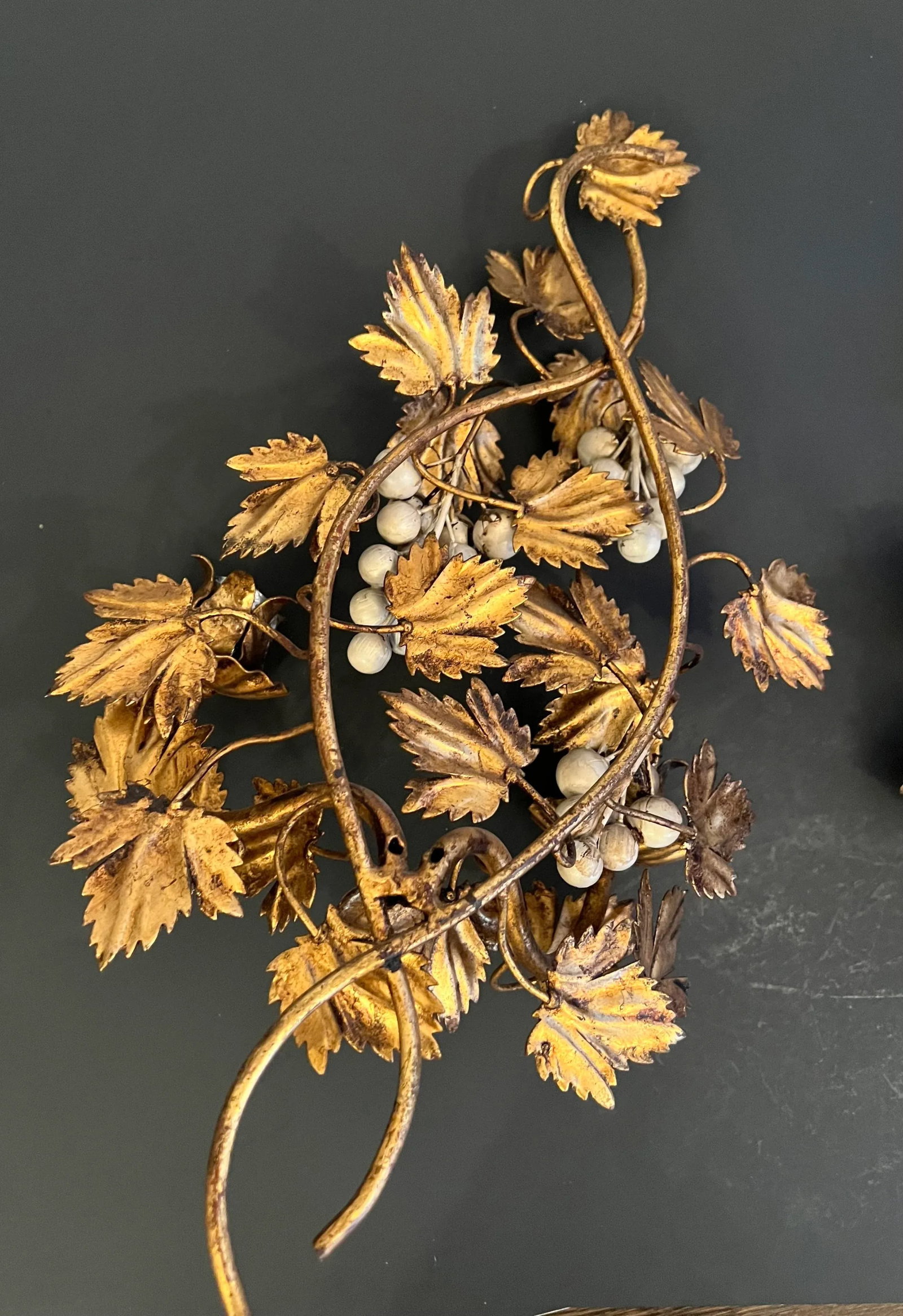 Vintage Pair Italian Gold Gilt Finish Cream Grapes Leaves Wall Candle Holders - 12