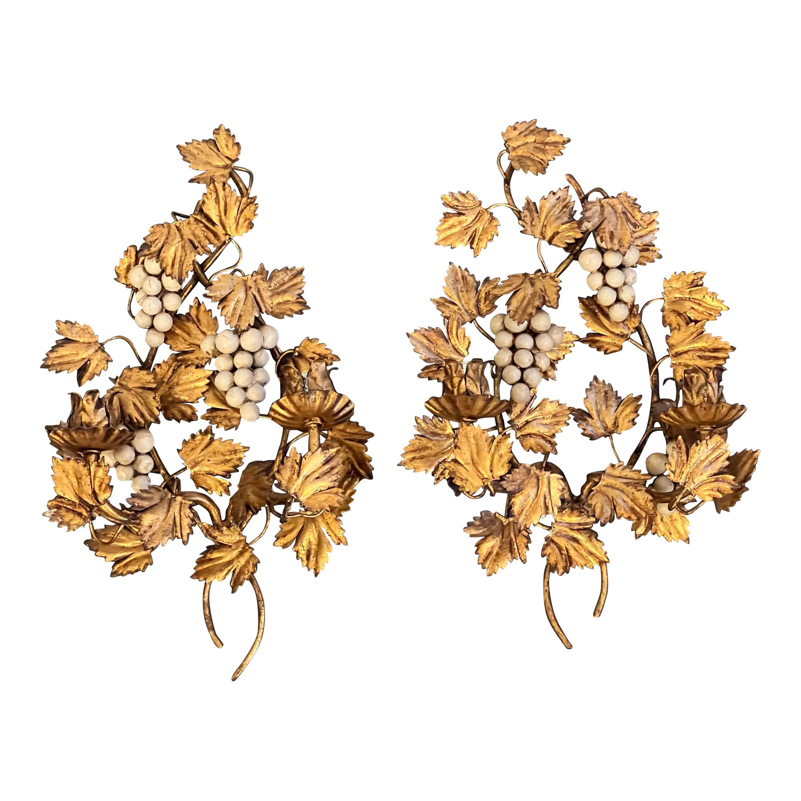Vintage Pair Italian Gold Gilt Finish Cream Grapes Leaves Wall Candle Holders: Hard to find vintage pair of Italian gold gilt tole wall candelabra / candleholders. Slight difference in dimensions, though hard to see. Add a touch of glam to your foyer or dining area. Condition: