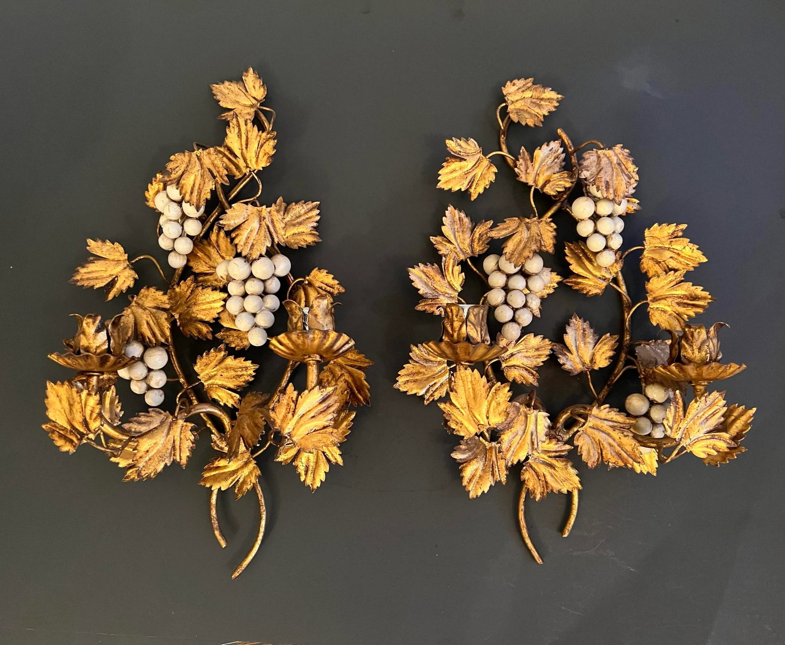 Vintage Pair Italian Gold Gilt Finish Cream Grapes Leaves Wall Candle Holders - 2