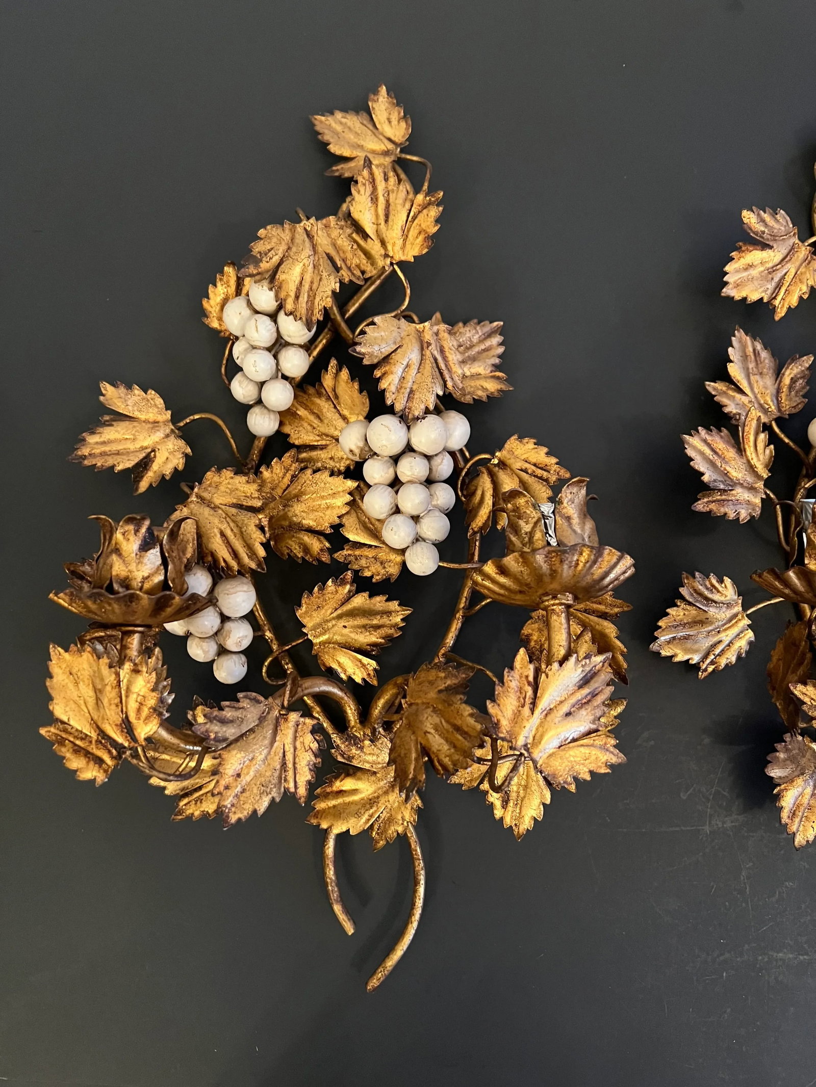 Vintage Pair Italian Gold Gilt Finish Cream Grapes Leaves Wall Candle Holders - 5