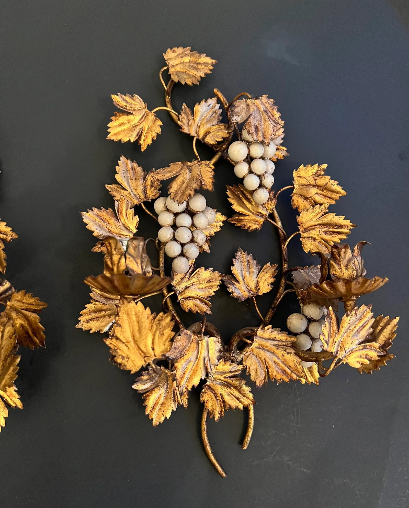 Vintage Pair Italian Gold Gilt Finish Cream Grapes Leaves Wall Candle Holders - 6