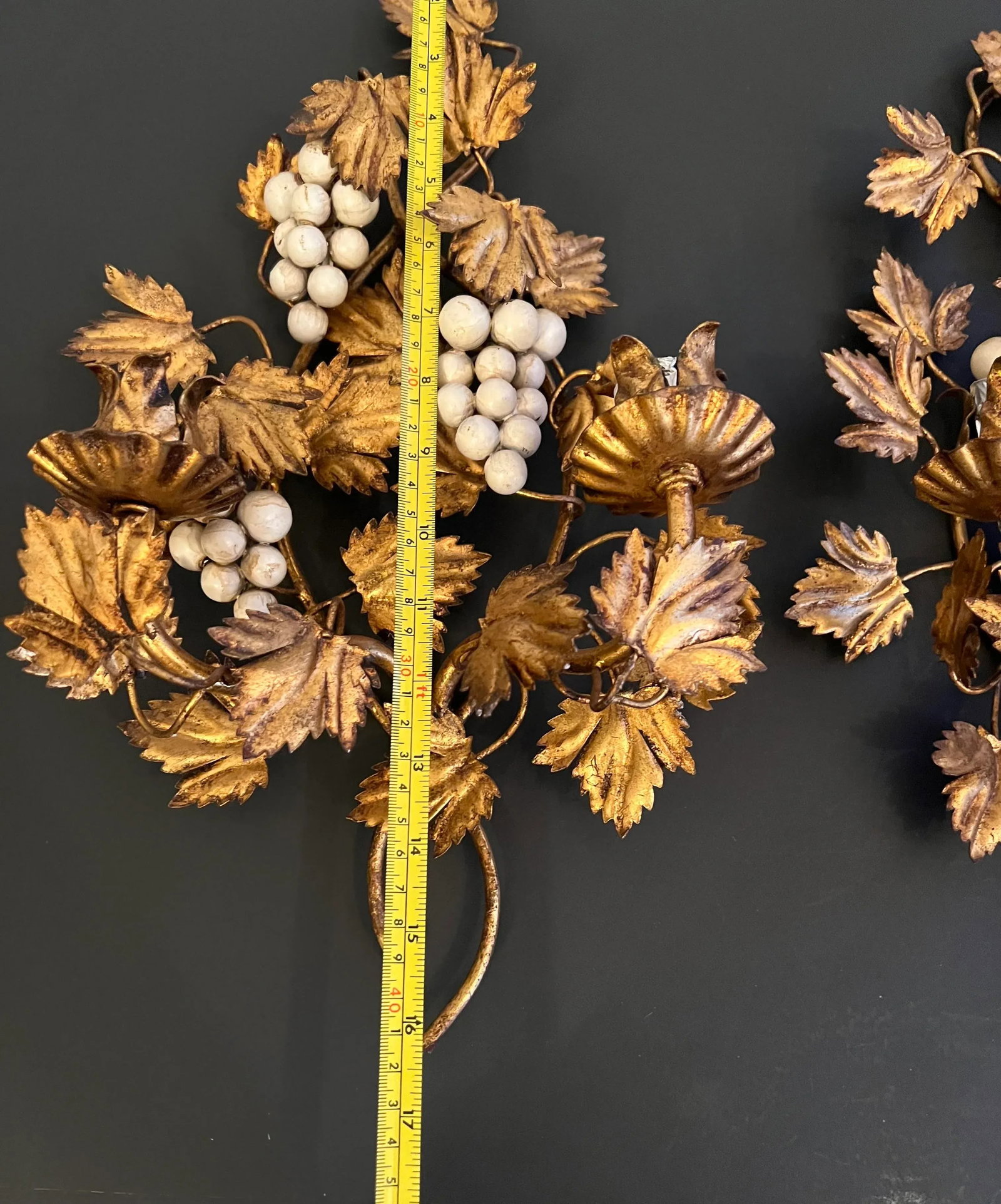 Vintage Pair Italian Gold Gilt Finish Cream Grapes Leaves Wall Candle Holders - 7