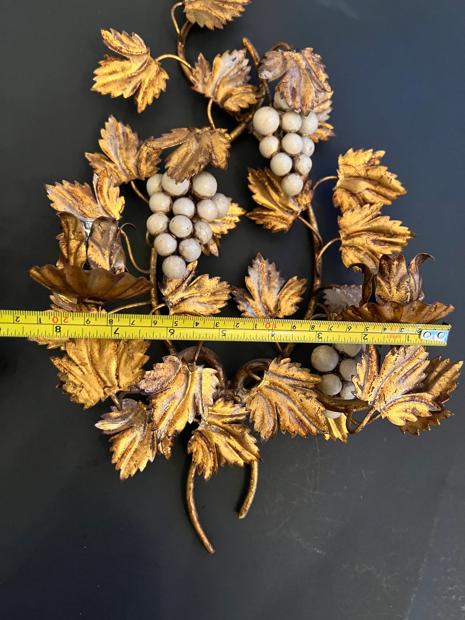 Vintage Pair Italian Gold Gilt Finish Cream Grapes Leaves Wall Candle Holders - 9