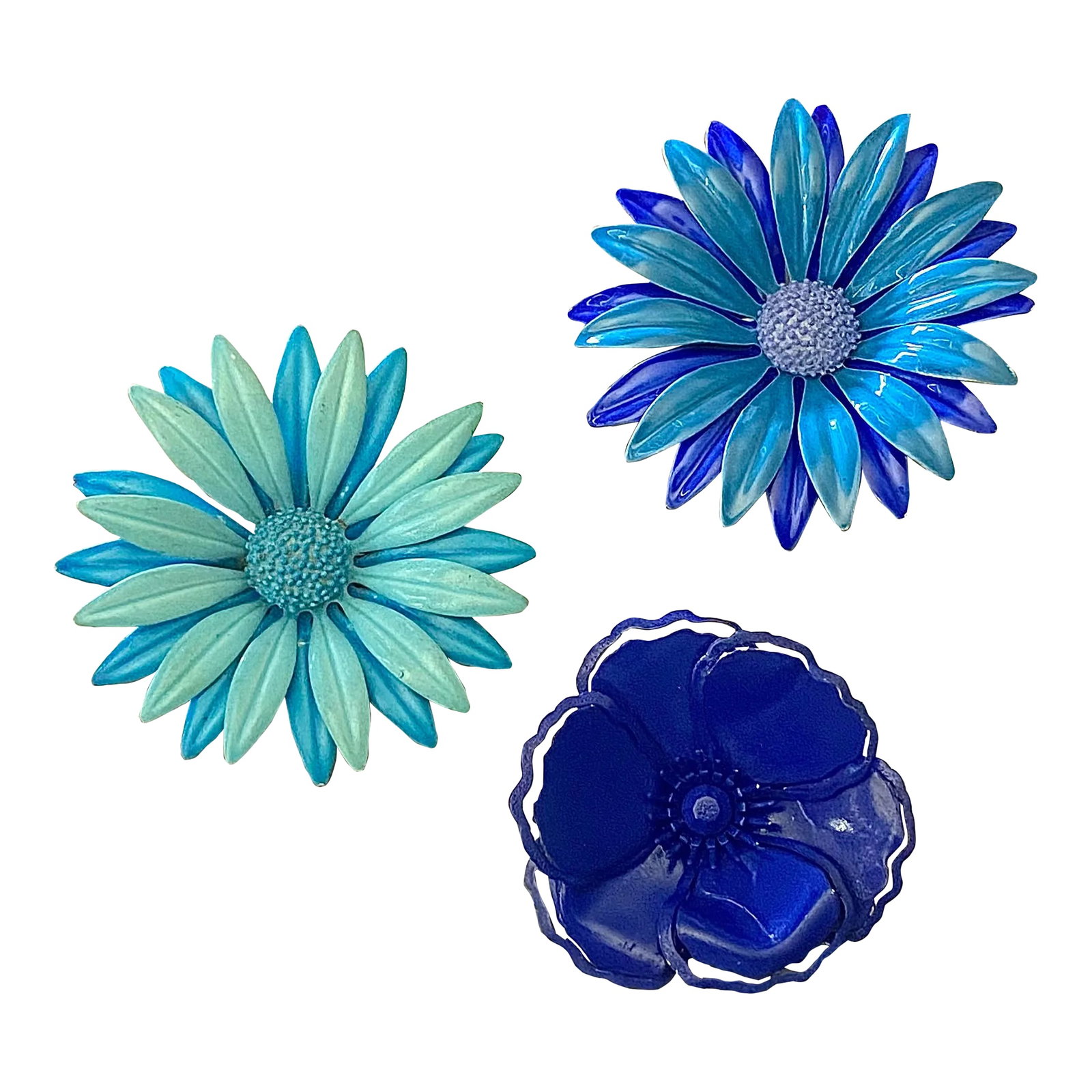 1960s Vintage Enamel Flower Pins in Shades of Blue - 3 Pieces: This is part of Chairish's Costume Jewelry assortment. Classic, bright and fantastic three enamel pins - all in various shades of blue. Back closures are secure. 3.50" is the largest and 2.50" is the