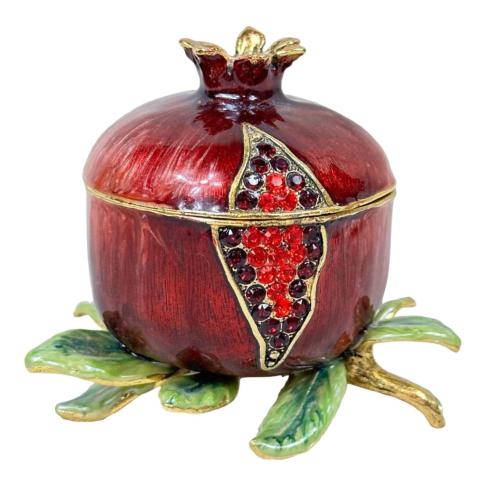 Pomegranate Spice Box: A beautiful pomegranate spice box hand painted in a rich red and featuring red crystals to represent the fruit's seeds. This is a pre-owned item so please see all pictures and ask any questions. Condi