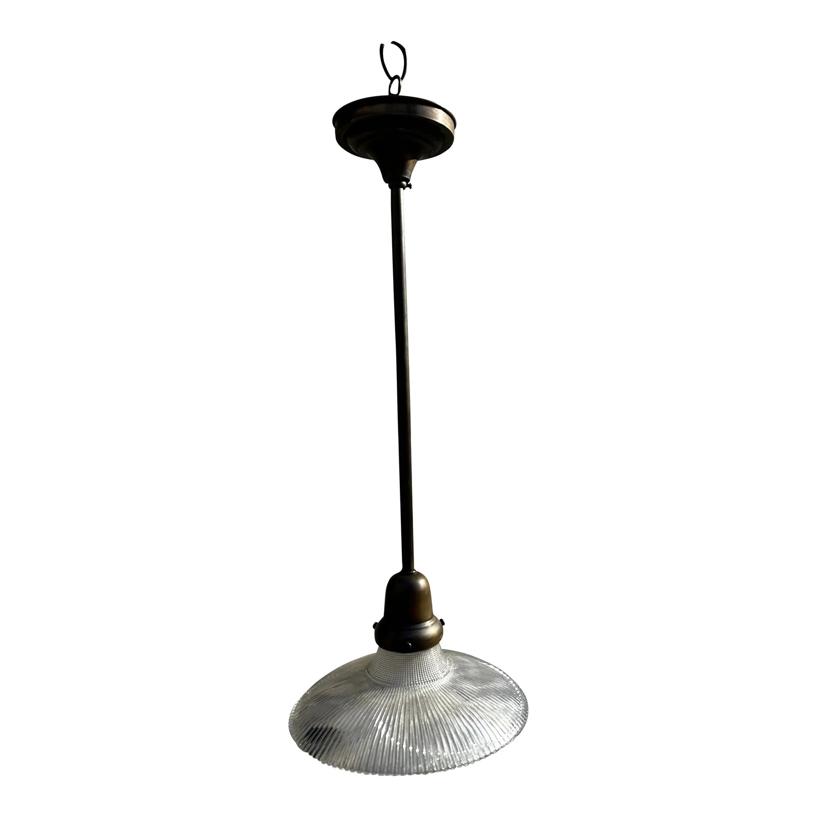 Vintage Brass Pendant With Holophane Shade: Old Lights On is pleased to offer this vintage antique brass pendant fixture with vintage Holophane shade. It is newly wired and ready to install. We ship everywhere. Follow us here for more great