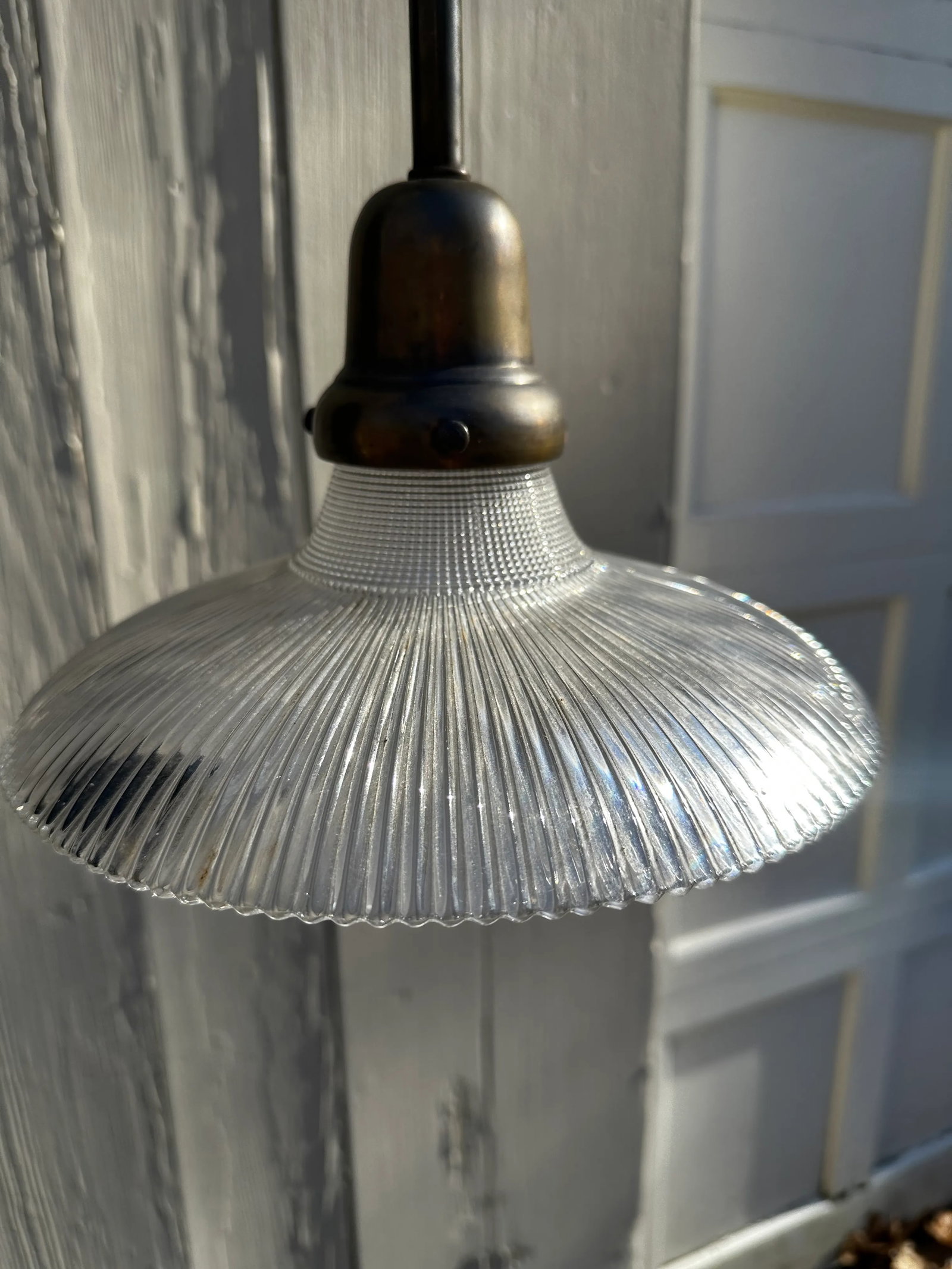 Vintage Brass Pendant With Holophane Shade - 2