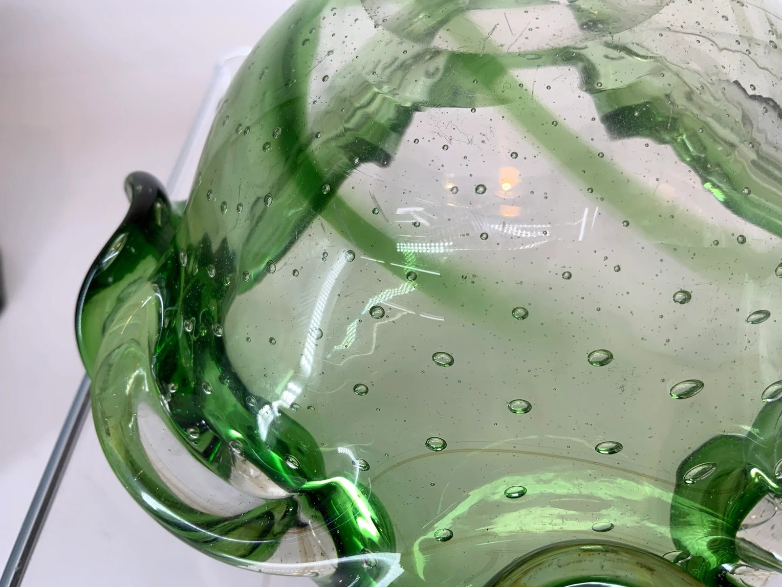 Vintage Murano Green Glass With Controlled Bubbles Free Form Bowl - 12