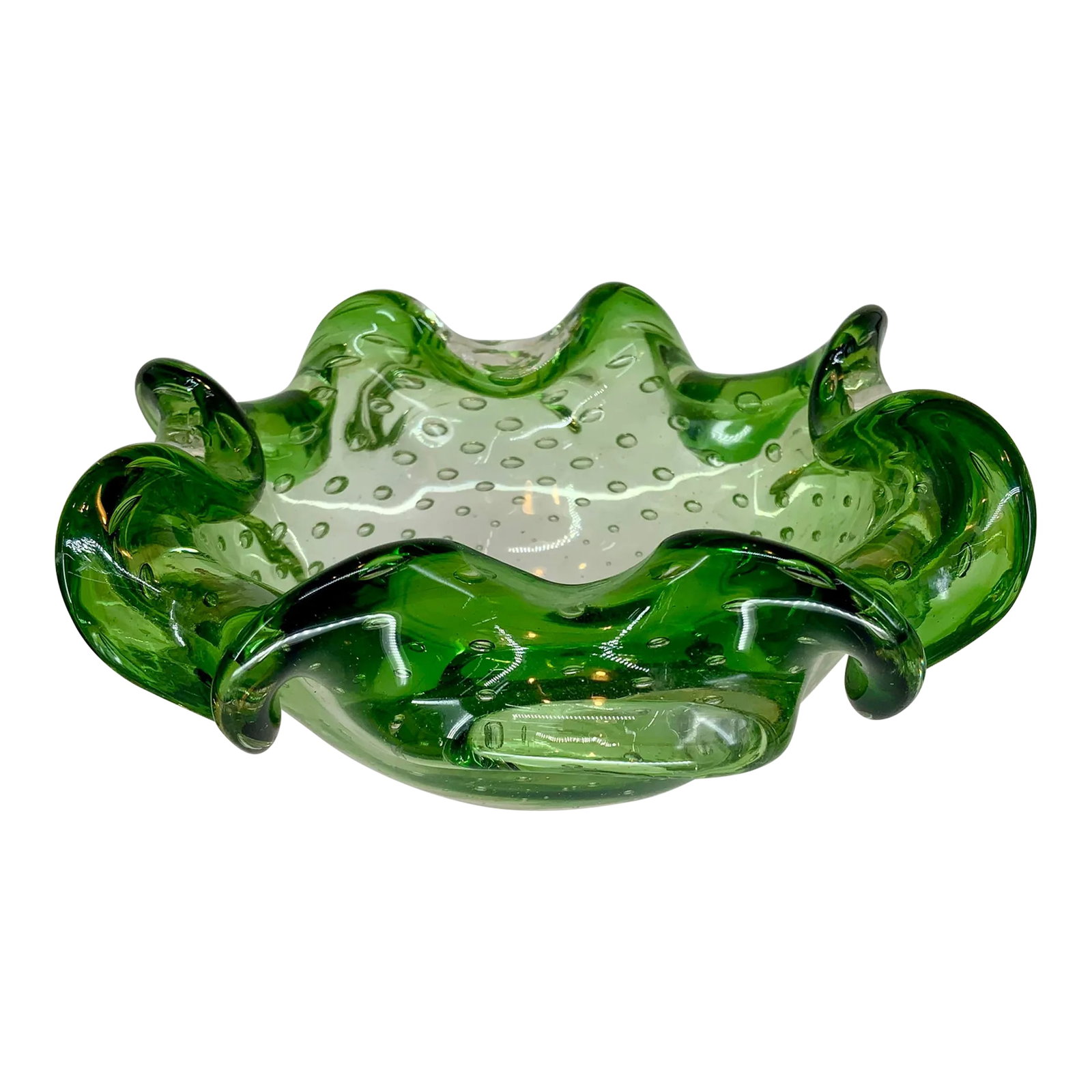 Vintage Murano Green Glass With Controlled Bubbles Free Form Bowl: Pretty hand blown green and clear glass scalloped edgebowl with controlled graduating bubbles. Condition: Alterations: Original Condition Unaltered Imperfections: Some Imperfections Condition Notes: W