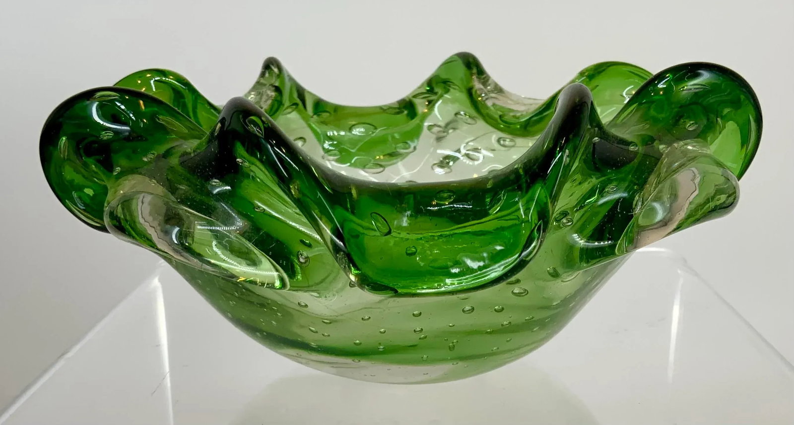 Vintage Murano Green Glass With Controlled Bubbles Free Form Bowl - 2