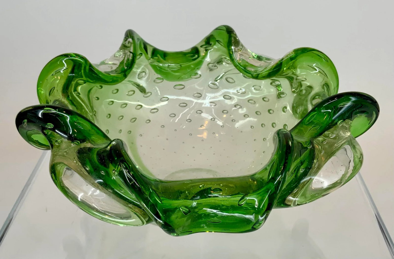 Vintage Murano Green Glass With Controlled Bubbles Free Form Bowl - 3