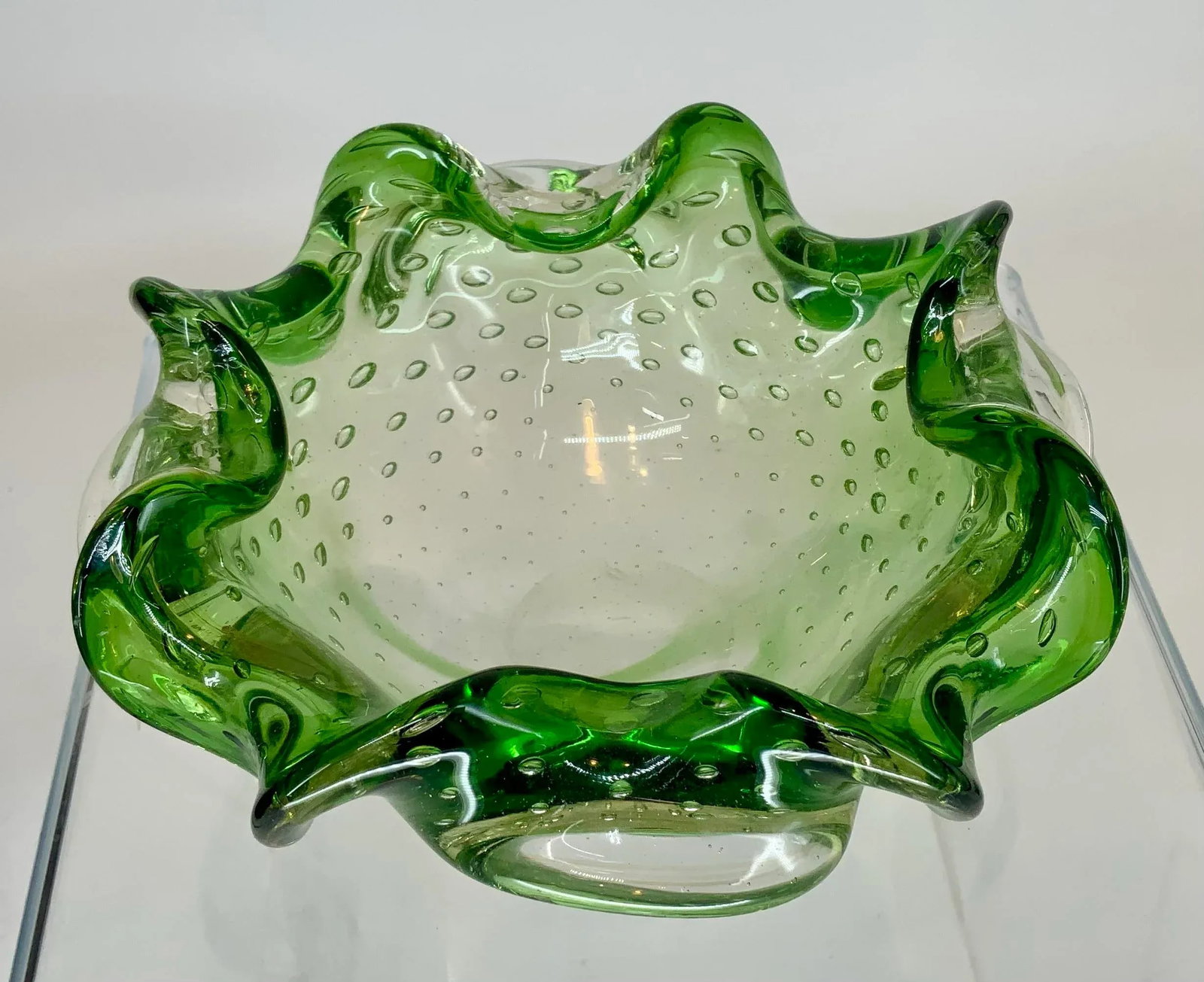 Vintage Murano Green Glass With Controlled Bubbles Free Form Bowl - 4
