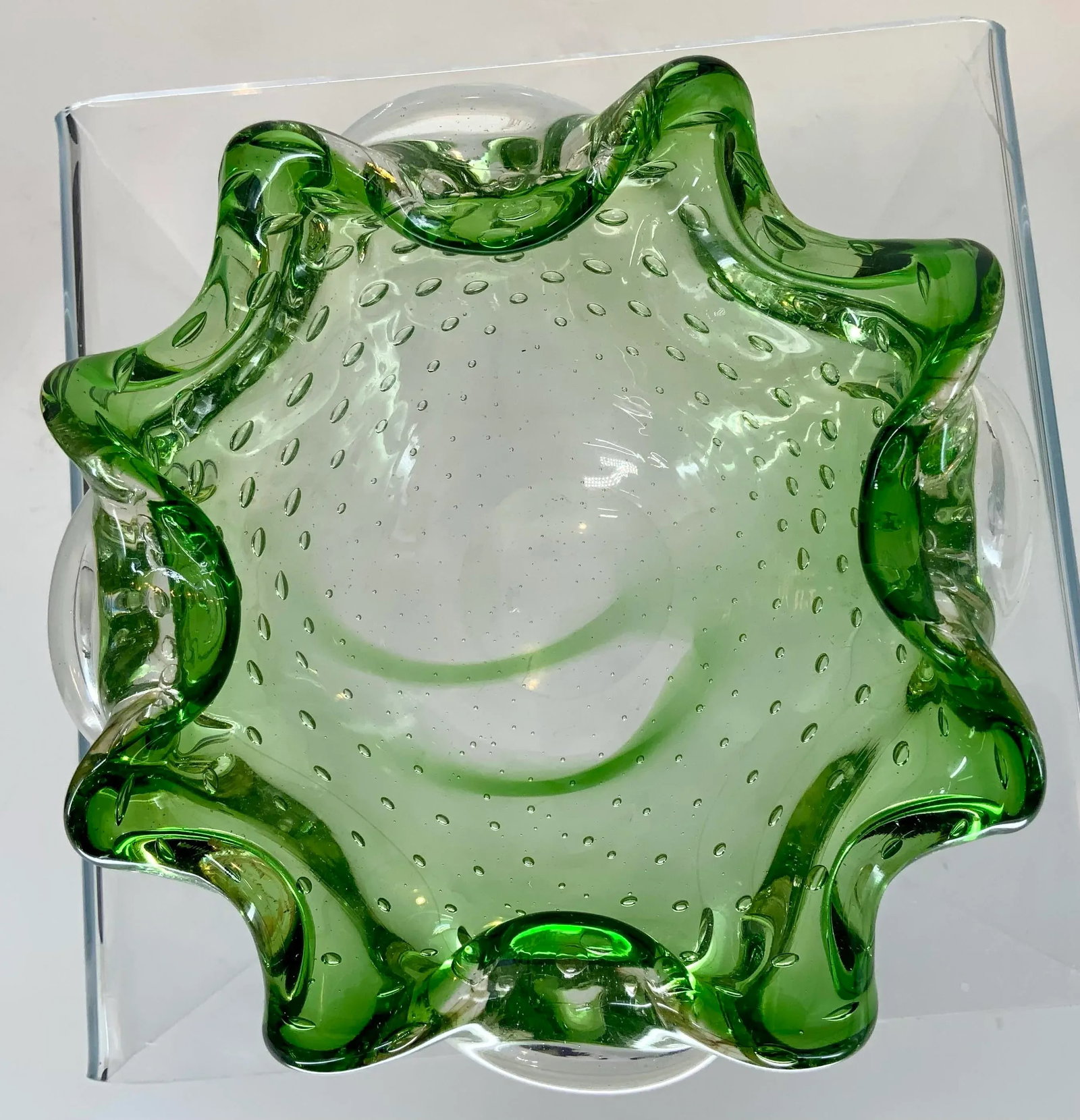 Vintage Murano Green Glass With Controlled Bubbles Free Form Bowl - 5