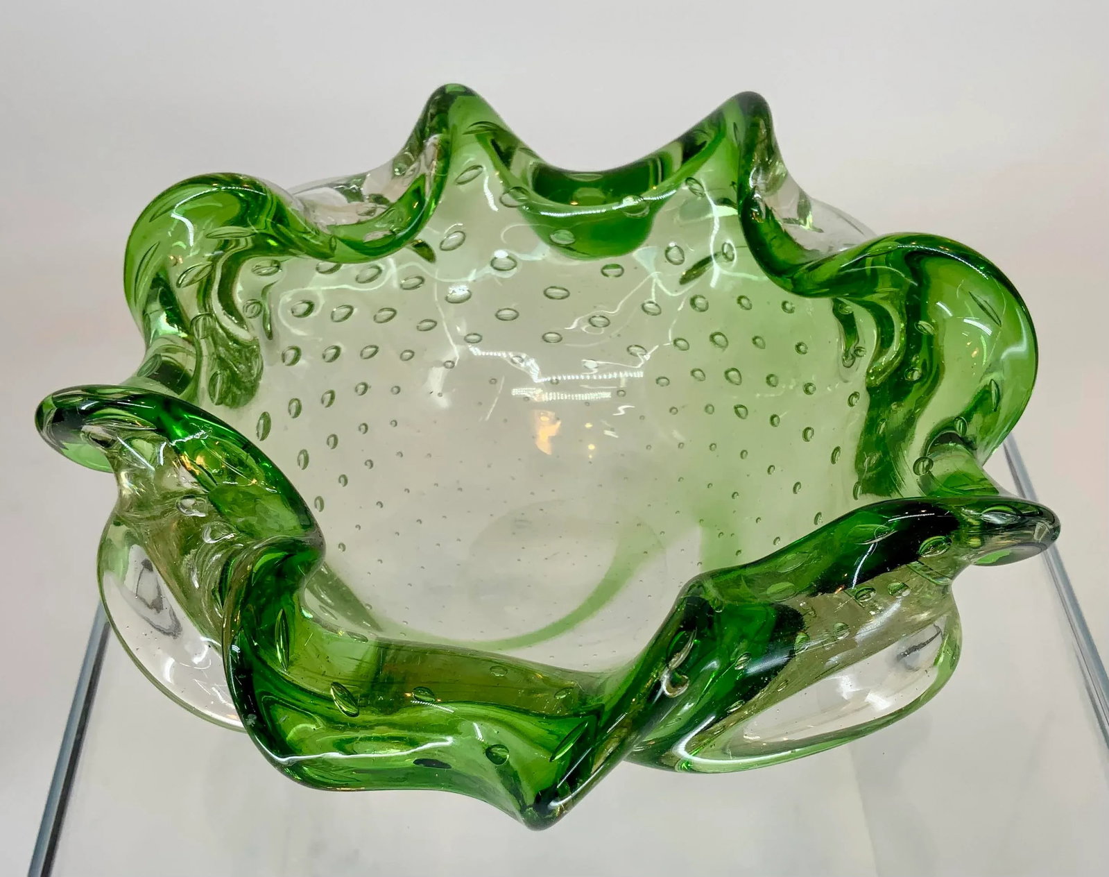 Vintage Murano Green Glass With Controlled Bubbles Free Form Bowl - 6