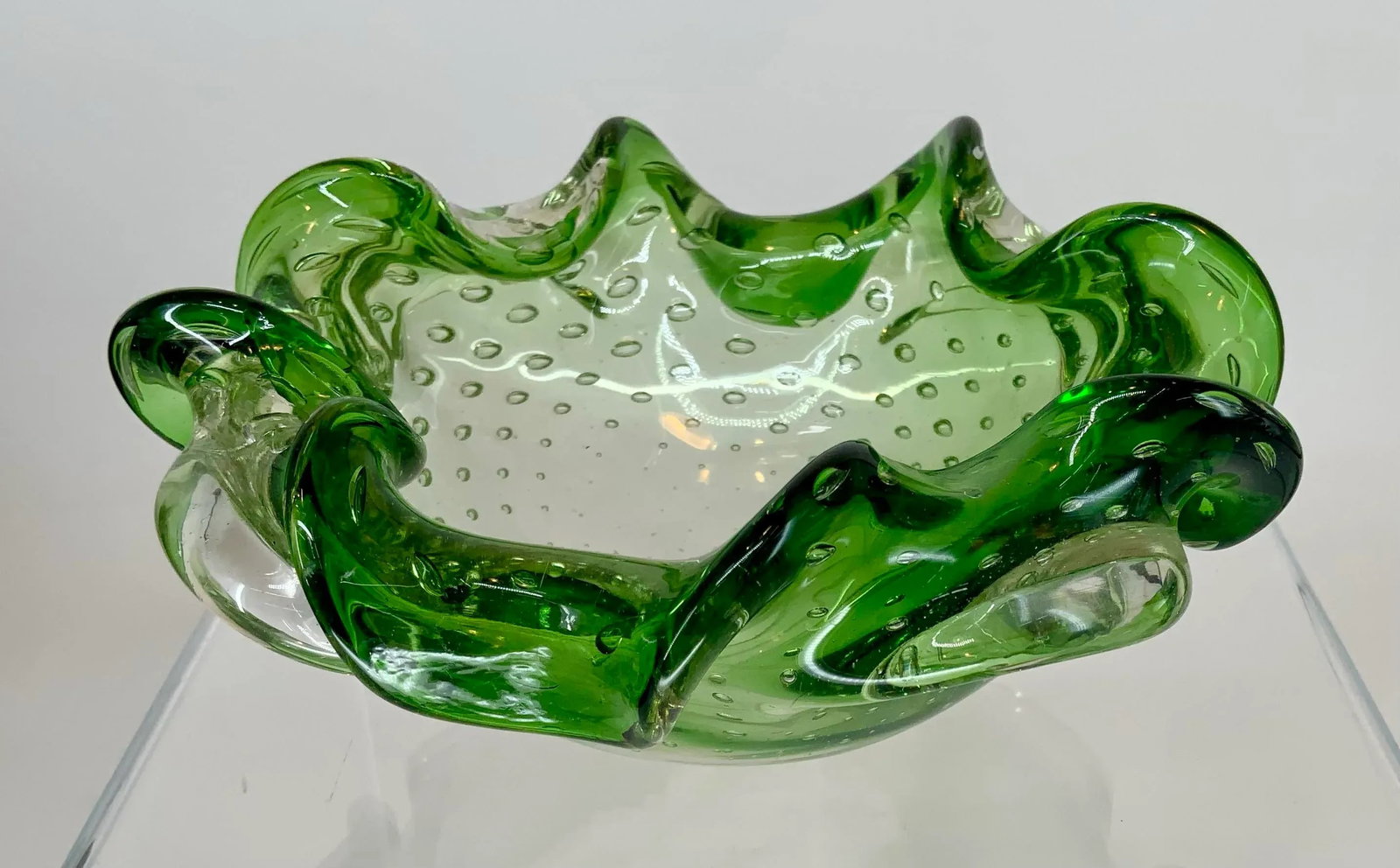 Vintage Murano Green Glass With Controlled Bubbles Free Form Bowl - 7