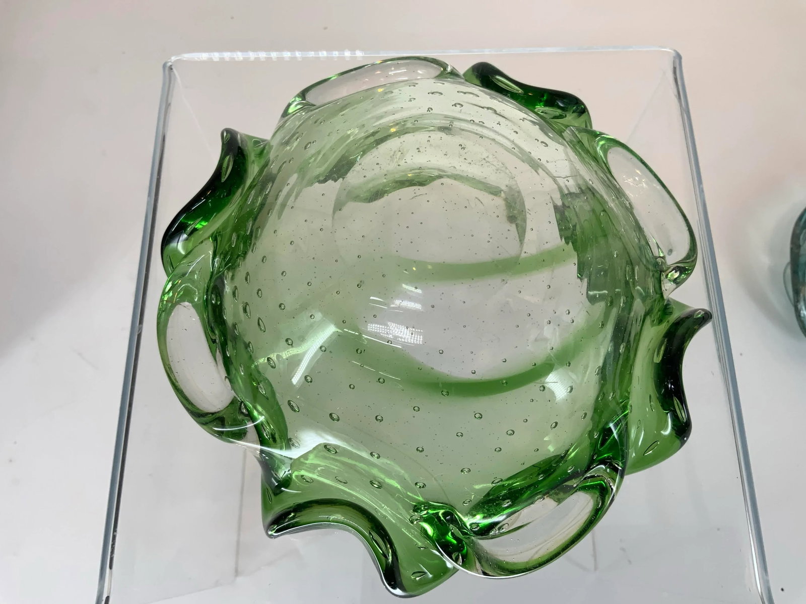 Vintage Murano Green Glass With Controlled Bubbles Free Form Bowl - 8