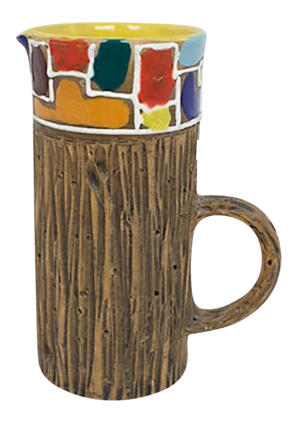 Mid-Century Italian Faux-Bois Pottery Vase: Mid-century Italian pottery pitcher with faux-bois exterior and mosaic-style detail. Signed "Italy". Condition: Alterations: Original Condition Unaltered Imperfections: Some Imperfections Condition