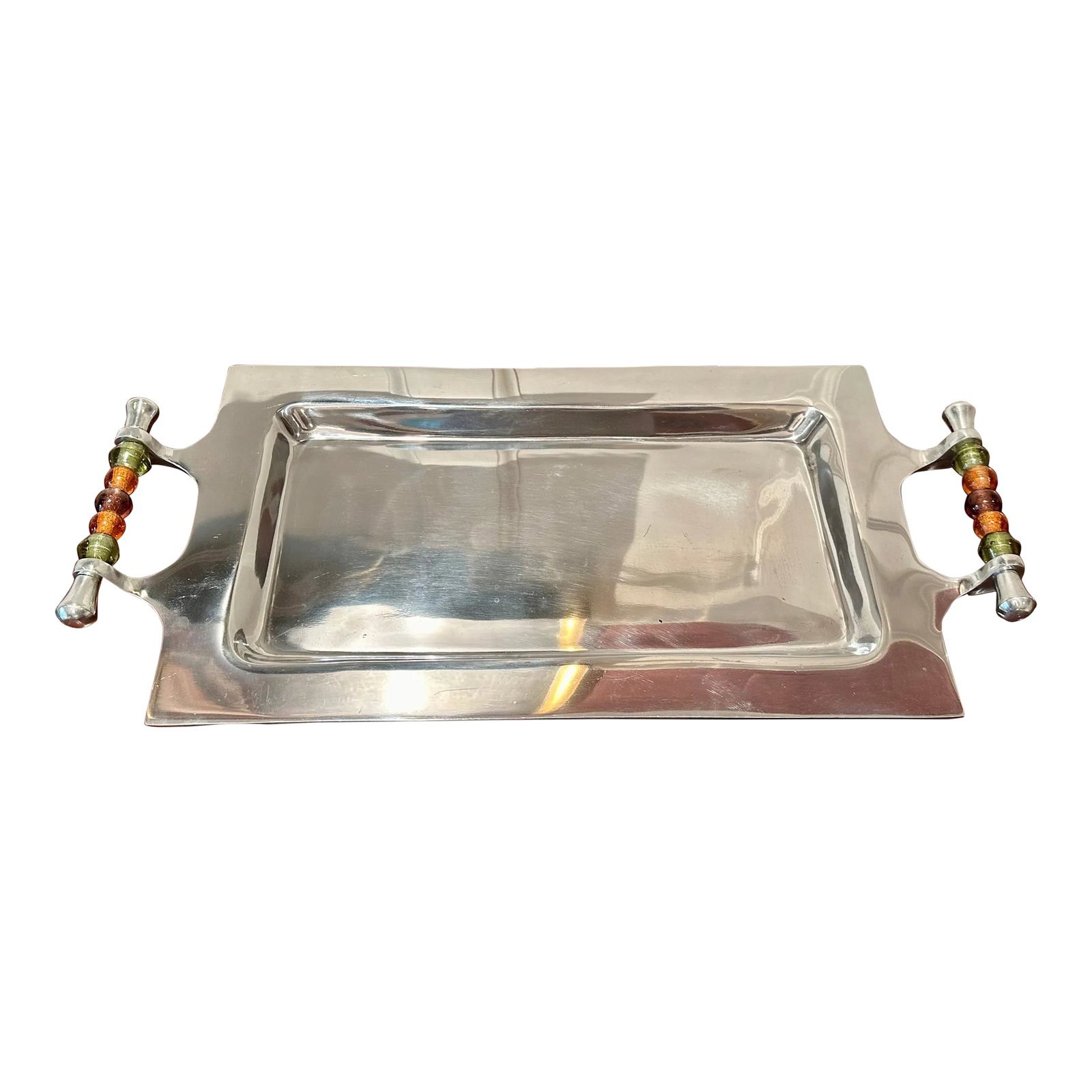 Large Shiny Silver Metal Tray With Jeweled Handles: Fabulous shiny cast aluminum rectangular tray with gorgeous glass-beaded handles. Brightens up any room! So versatile -can be used in so many ways! Great for buffets, for staging collectibles or candl