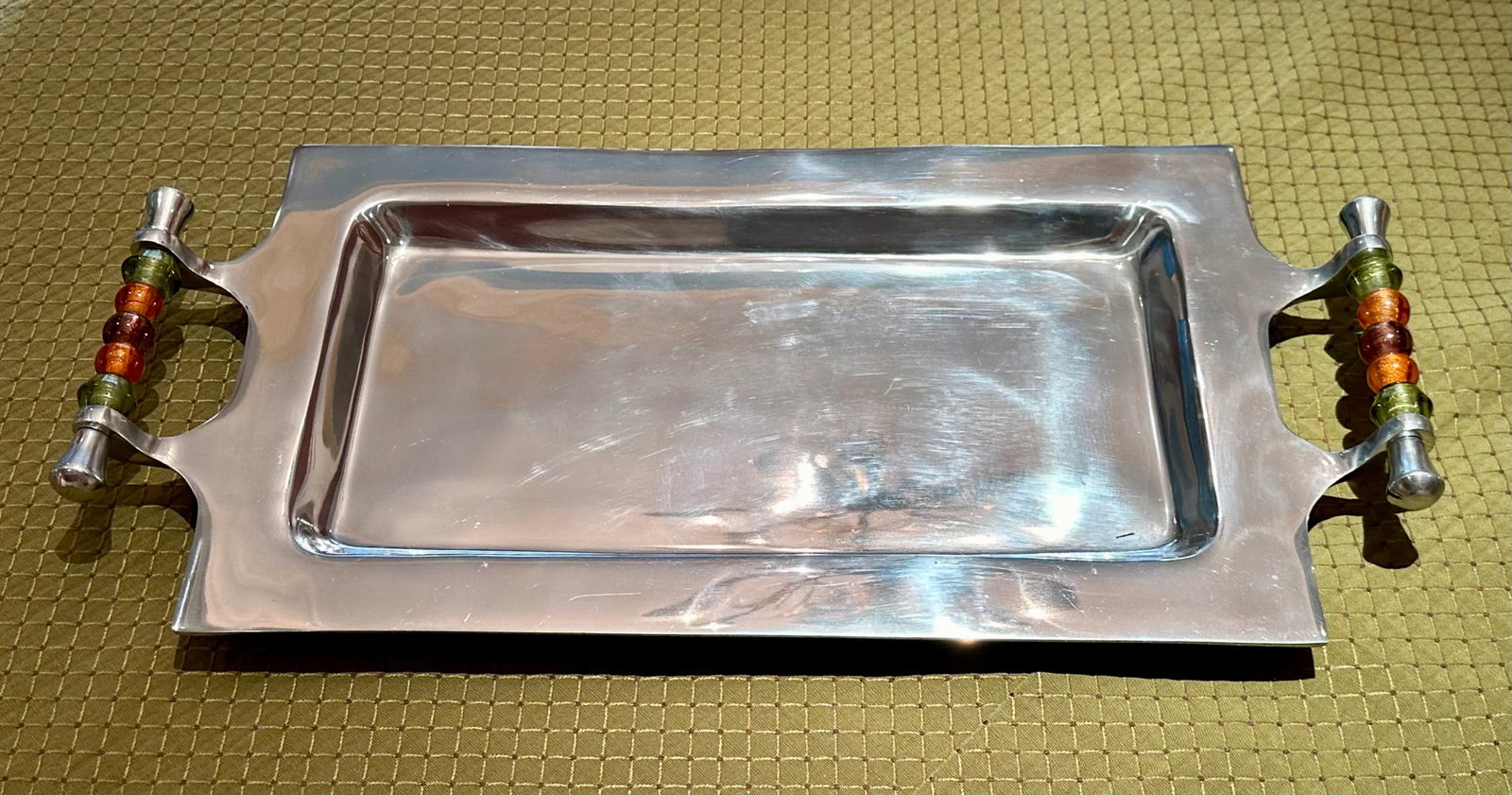 Large Shiny Silver Metal Tray With Jeweled Handles - 2