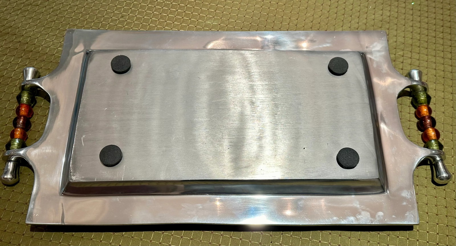 Large Shiny Silver Metal Tray With Jeweled Handles - 6