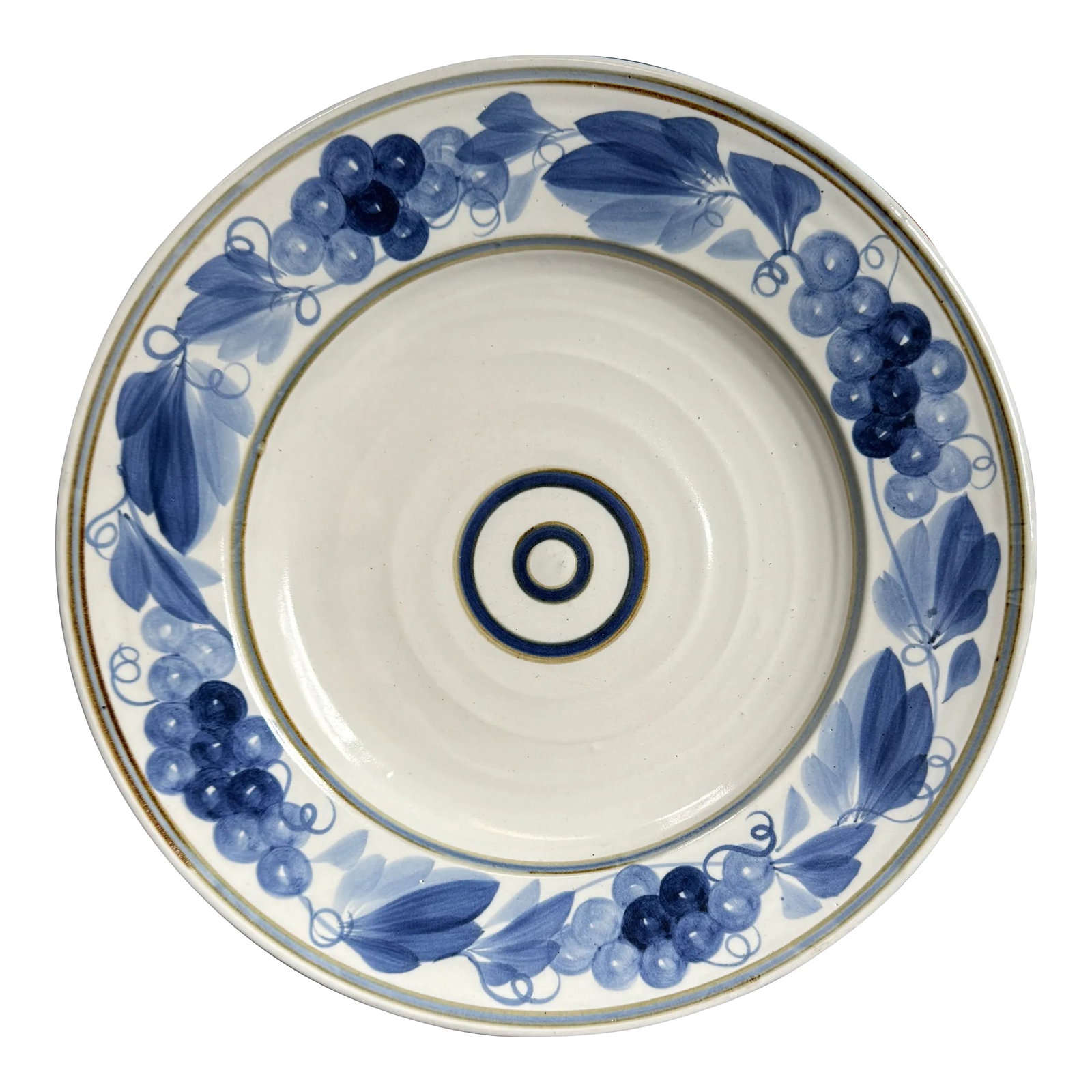 Large Signed Hand-Thrown Salt Glaze Platter: Beautifully crafted stoneware platter in blue and white salt glaze. Hand thrown, hand painted, and signed by the maker. 14.5" diameter. This piece could be used to serve food and it's also ready to