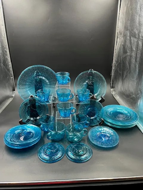 Vintage Mexican Blue Art Glass Dessert or Appetizer Set- 30 Pieces - 11