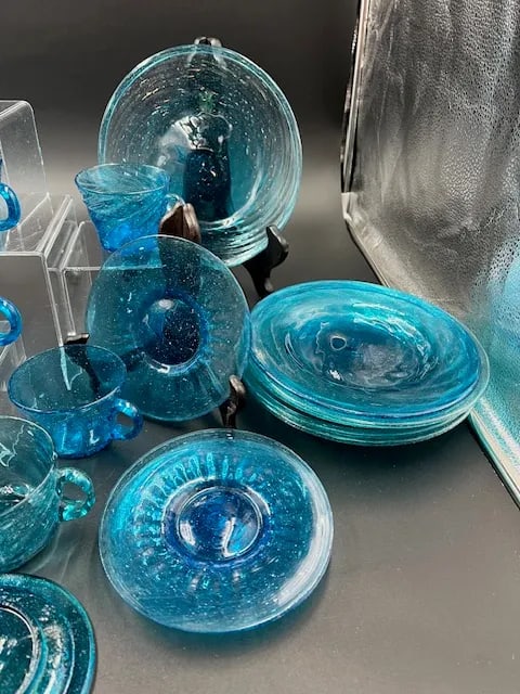 Vintage Mexican Blue Art Glass Dessert or Appetizer Set- 30 Pieces - 3