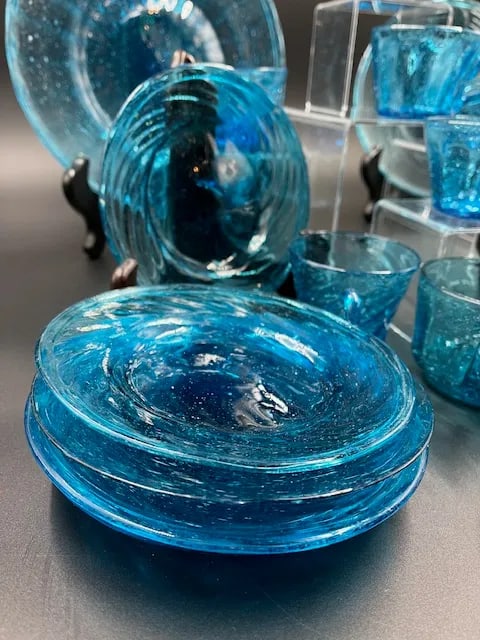 Vintage Mexican Blue Art Glass Dessert or Appetizer Set- 30 Pieces - 5