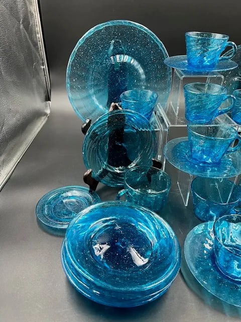 Vintage Mexican Blue Art Glass Dessert or Appetizer Set- 30 Pieces - 8