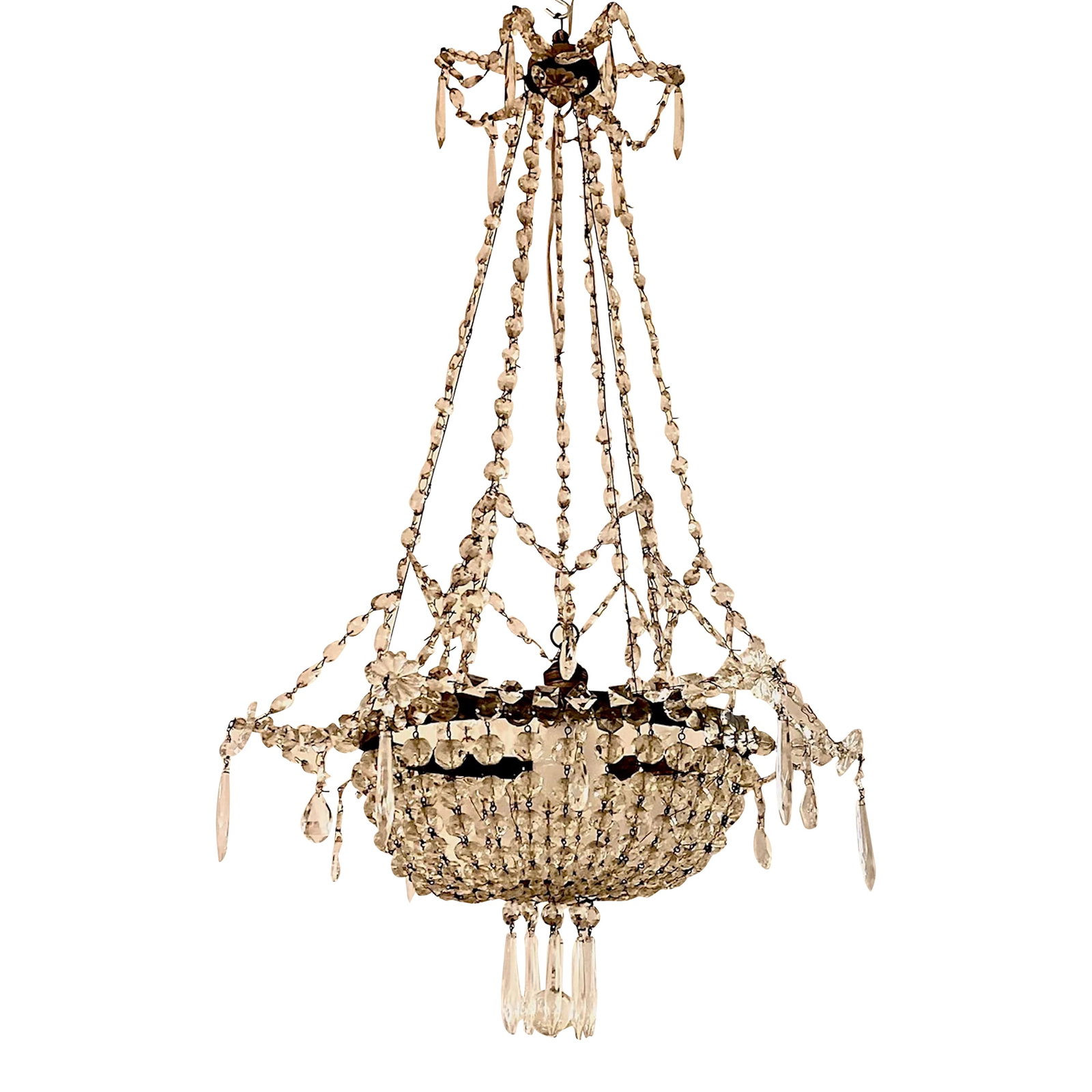 Early 20th Century French Iron and Crystal Chandelier: Early 20th Century ca. 1900 French Campaigne iron and crystal chandelier. 1 standart socket. Condition: Alterations: Original Condition Unaltered Imperfections: Some Imperfections Condition Notes: