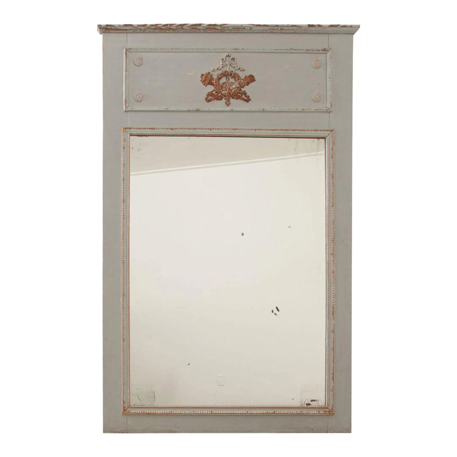 French 19th Century Painted Trumeau With Original Mirror Glass: This large 19th century French trumeau mirror is quite elegant, pared down to minimal decorative carvings that suggest a Louis XVI influence. A gilded crest in the center of the frieze depicts a