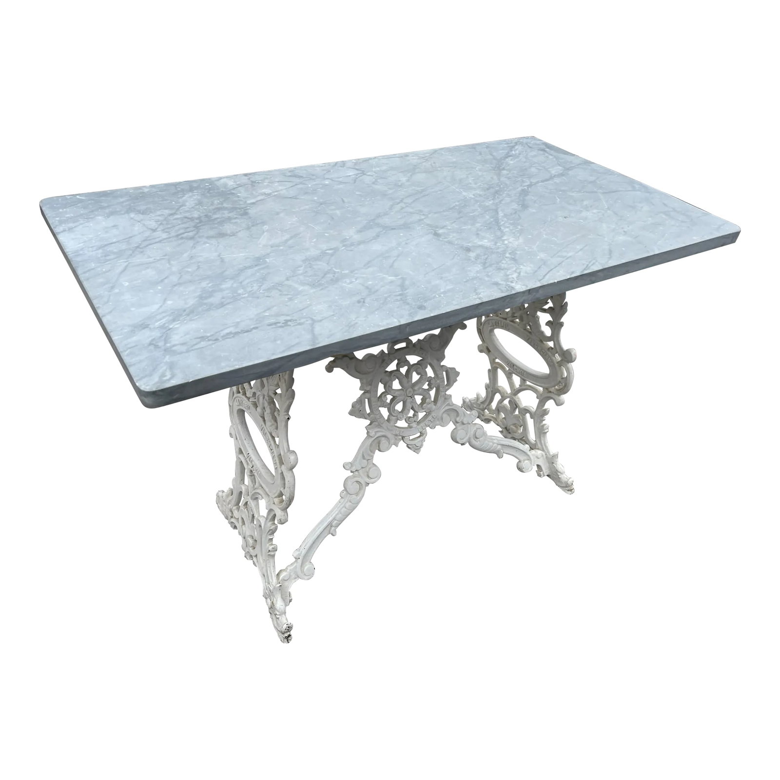 19th-Century French Garden Table With Slate Top and Iron Base: 19th-Century French Garden Table with Slate Top and Iron Base Bring refined French charm to your home or garden with this authentic antique French garden table, featuring a luxurious grey marble top