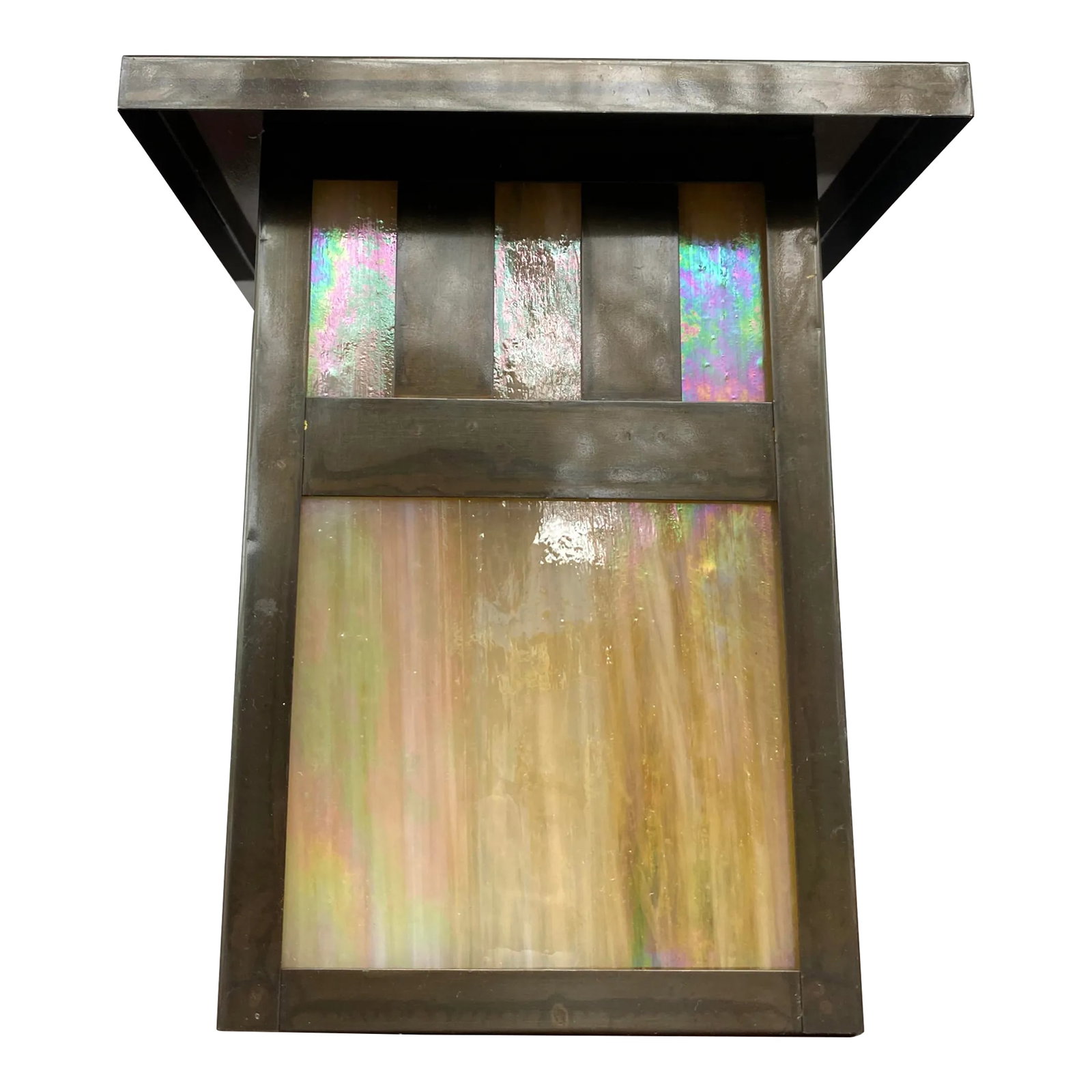 Vintage Arroyo Craftsmen Iridescent Glass Sconce Table Lamp: A gorgeous vintage sconce by Arroyo Craftsmen; I love the irridescent rainbow patterns displayed when the glass panels catch the light. This could be mounted as originally intended and includes the