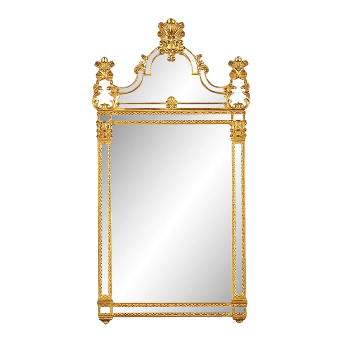 Large Late 20th Century Louis XVI Style Gilt Framed Mirror by Deknudt: Large and exquisite Louis XVI style gilt framed mirror by Deknudt Deknudt Deerlijk, Belgium; 20th century Glass, distressed glass gilt frame Approximate size: 49.25 (h) x 23.6 (w) x 2 (d) in. A