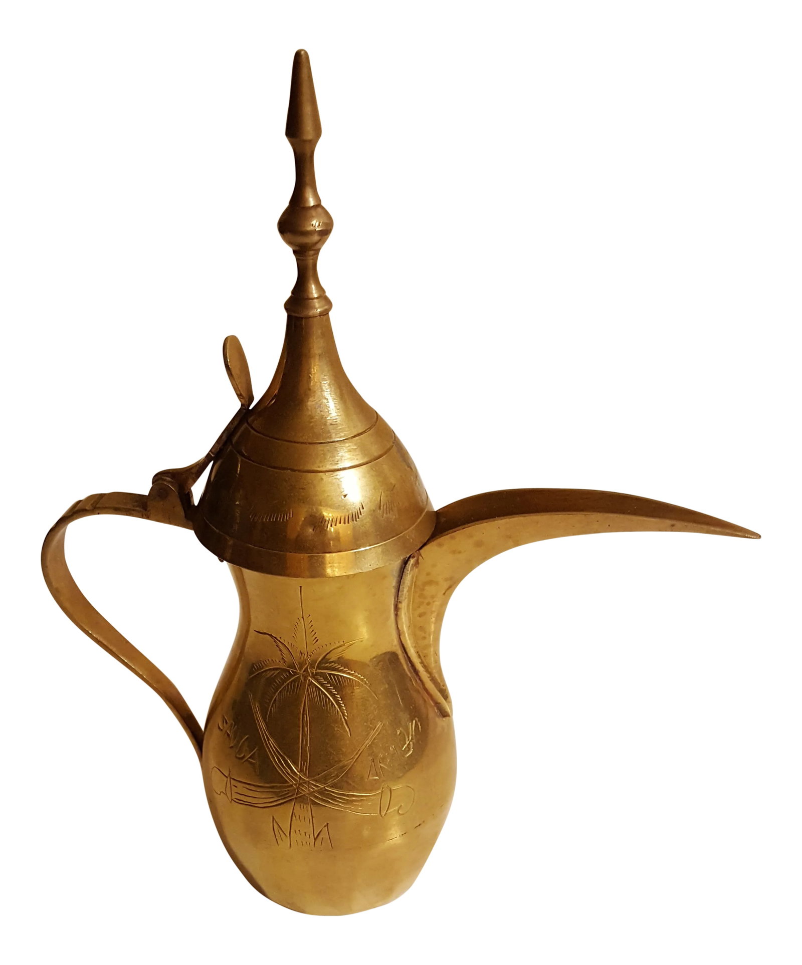 Mid Century Modern Vintage Saudi Arabian Dallah Pot Inscribed: Antique, hand hammered, brass Saudi Arabian Dallah pot. The name and date are etched on the bottom as pictured. On the front there are two crossed swords in front of tall palm tree, and an etching of