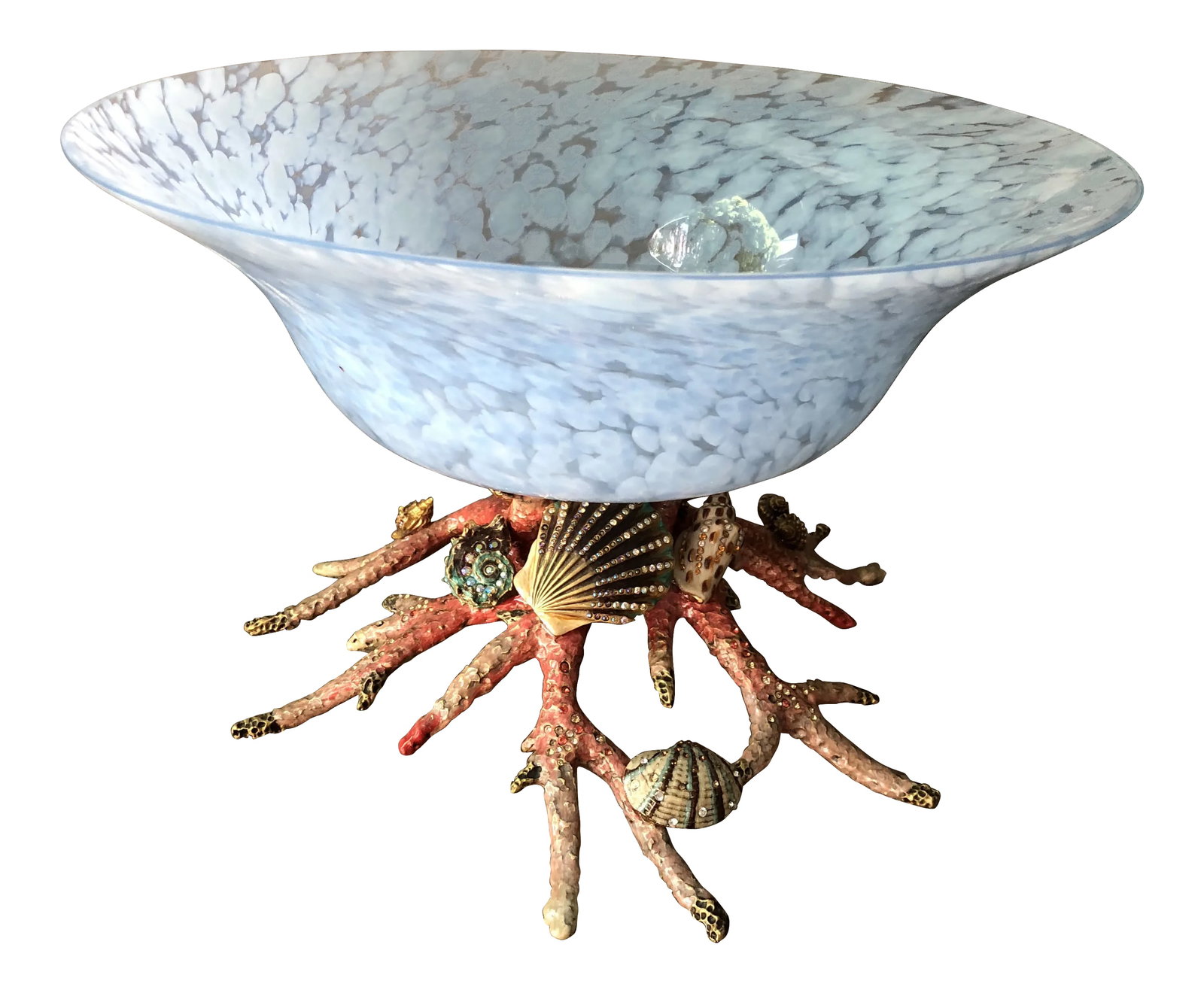 Jay Strongwater Coral Reef Bowl: Very rare Coral Reef Glass bowl by Jay Strongwater. Base is cast pewter enameled and set with Swarovski crystals. Condition: Alterations: Original Condition Unaltered Imperfections: Some Imperfections