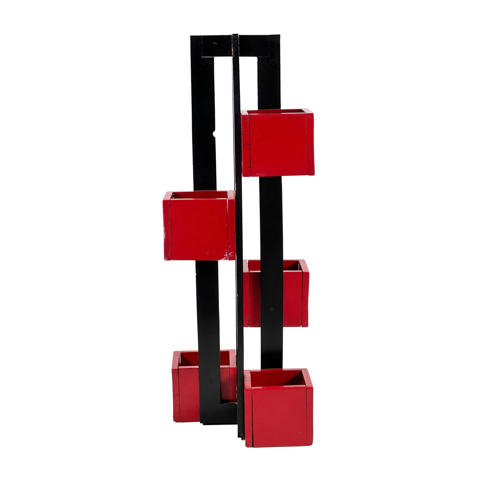 Vintage 1960s Handmade Modern Painted Black & Red Wood De Stilj Staggered Cubes Floor Planter - 11