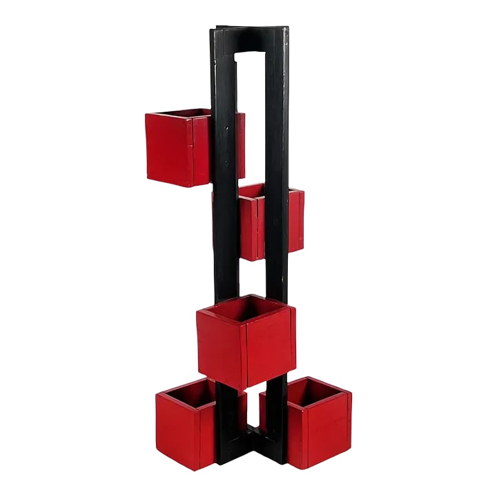 Vintage 1960s Handmade Modern Painted Black & Red Wood De Stilj Staggered Cubes Floor Planter (1 of 11)
